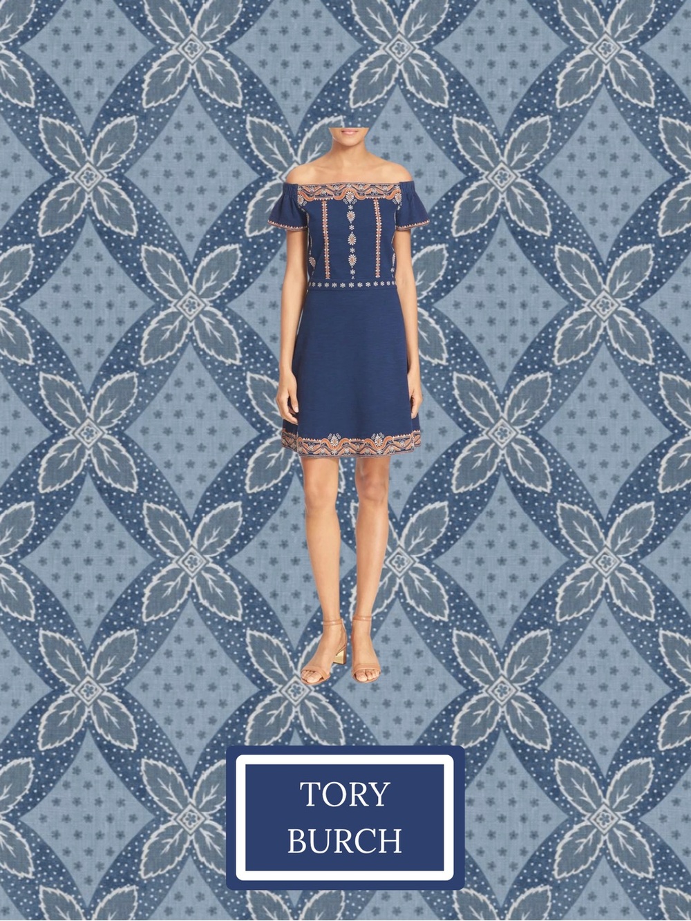 Tory Burch Navy Off-Shoulder Embroidered Mini Dress